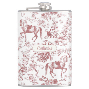 Elegant Pink Equestrian Floral Toile Name Flask