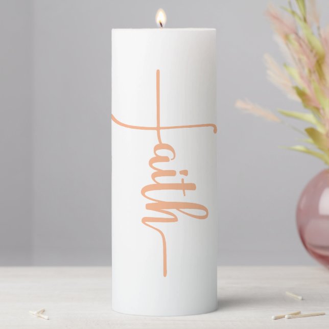Elegant Pink Faith Script Cross Pillar Candle (In Situ)