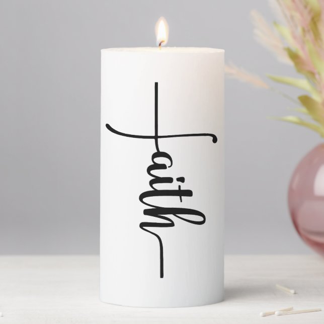 Elegant Pink Faith Script Cross Pillar Candle (In Situ)