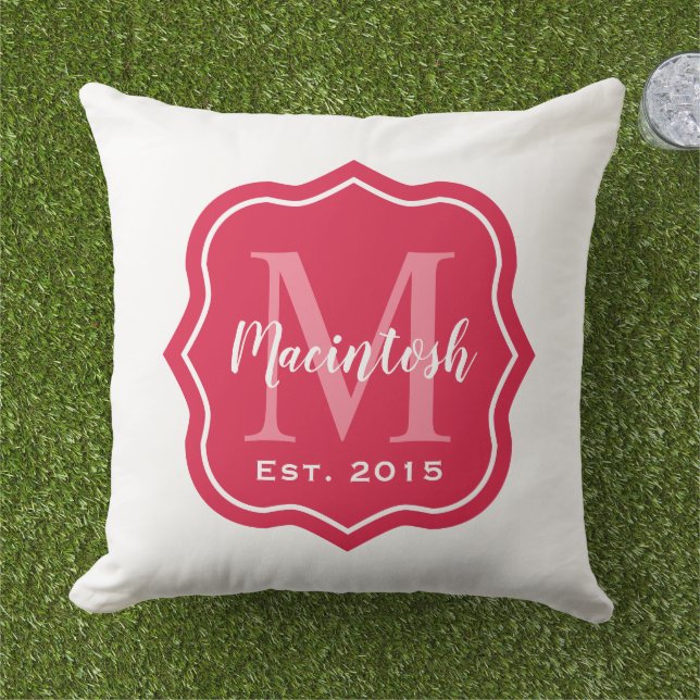 Elegant Pink Family Monogram Initial Outdoor Pillow (Grass)