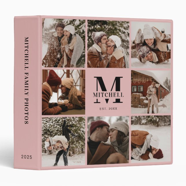 Elegant Pink Family Monogram Photo Collage Album 3 Ring Binder (Front/Spine)
