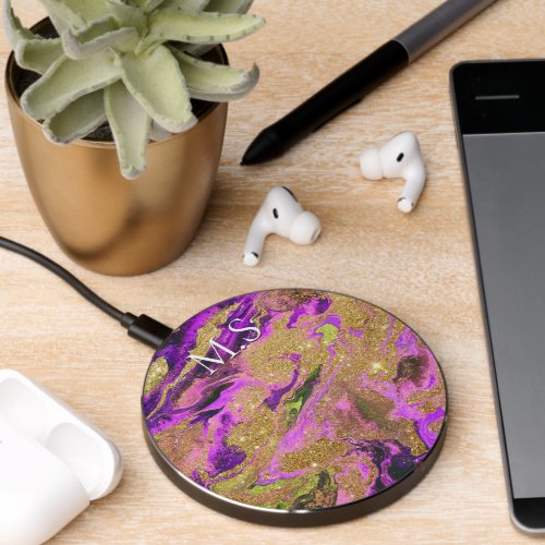 Elegant pink faux gold glitter marble art wireless charger 