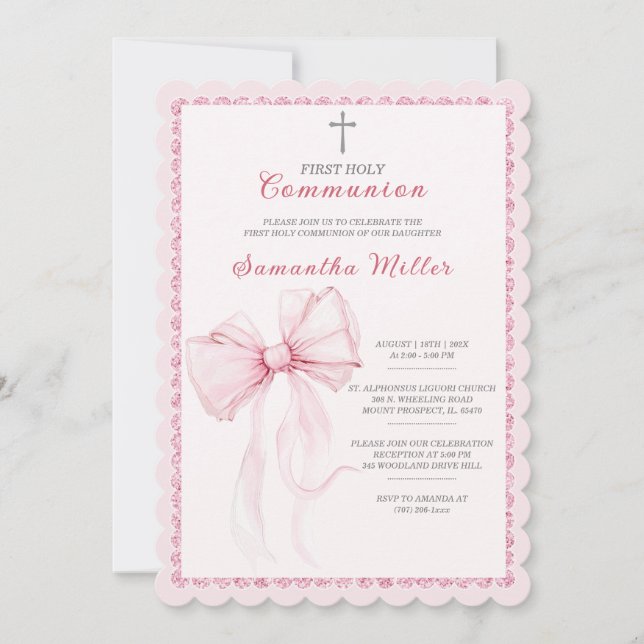 Elegant Pink First Holy Communion for Girls Invitation (Front)