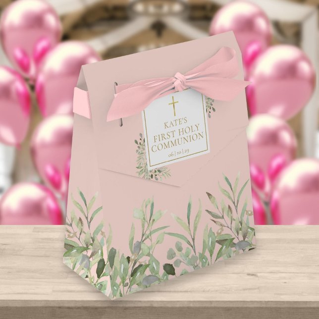 Elegant Pink First Holy Communion Greenery Floral Favor Boxes (Creator Uploaded)