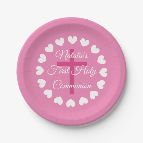 Elegant pink First Holy Communion religious cross Paper Plates