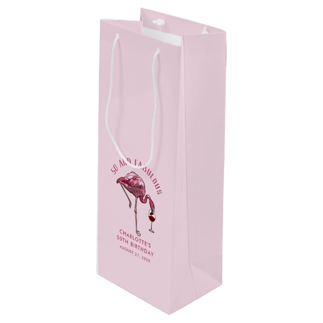 Elegant Pink Flamingo 50th Birthday Novelty Wine Gift Bag (Front Angled)