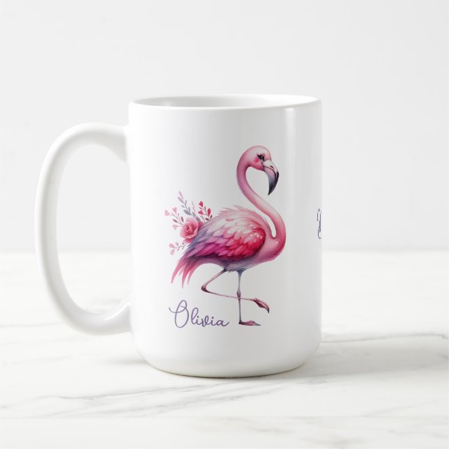 Elegant Pink Flamingo And Roses Name Mug (Left)