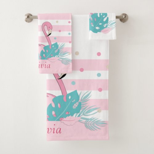 Elegant Pink Flamingo and Tropical Leaves Bath Towel Set