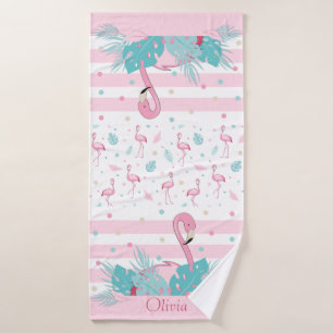 Elegant Pink Flamingo and Tropical Leaves Bath Towel Set