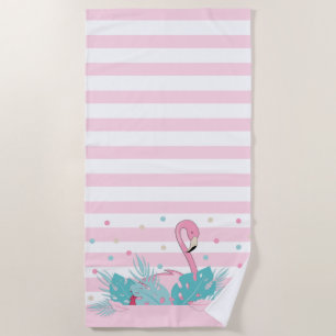 Elegant Pink Flamingo and Tropical Leaves Beach Towel