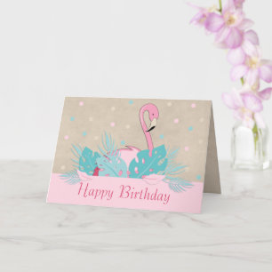 Elegant Pink Flamingo and Tropical Leaves Card