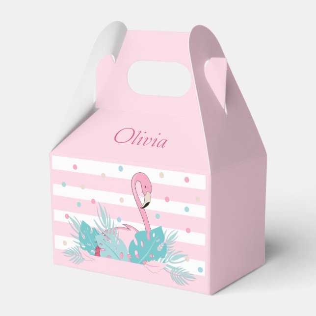 Elegant Pink Flamingo and Tropical Leaves Favor Boxes (Front Side)