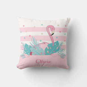 Elegant Pink Flamingo and Tropical Leaves Throw Pillow