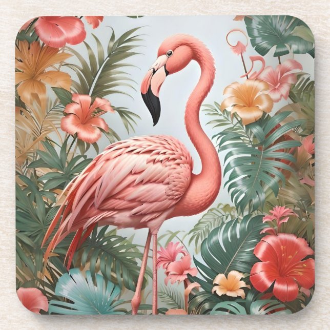 Elegant Pink Flamingo Bird and Tropical Flowers Beverage Coaster (Front)