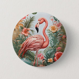 Elegant Pink Flamingo Bird and Tropical Flowers Button