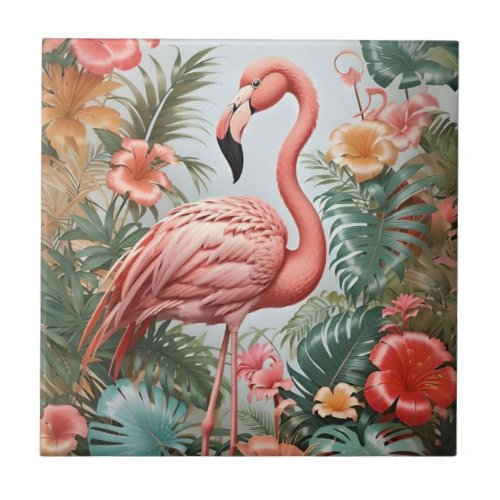 Elegant Pink Flamingo Bird and Tropical Flowers Ceramic Tile