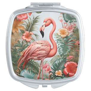 Elegant Pink Flamingo Bird and Tropical Flowers Compact Mirror
