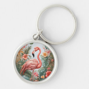 Elegant Pink Flamingo Bird and Tropical Flowers Keychain