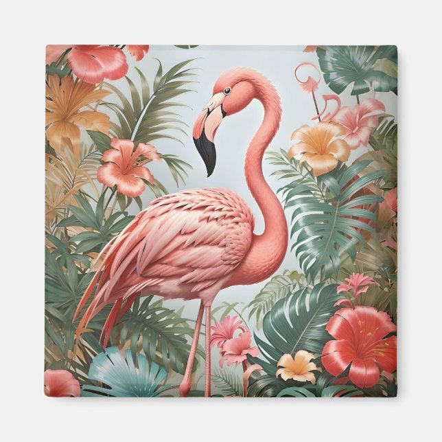 Elegant Pink Flamingo Bird and Tropical Flowers Magnet (Front)