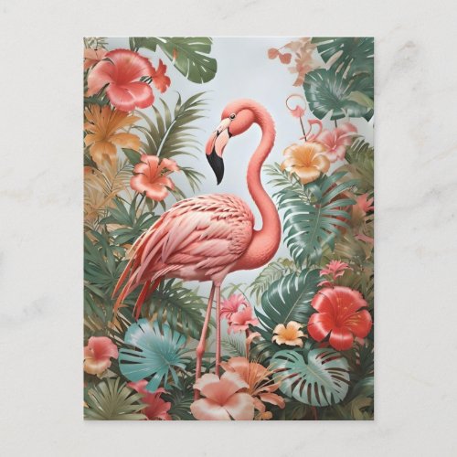 Elegant Pink Flamingo Bird and Tropical Flowers Postcard