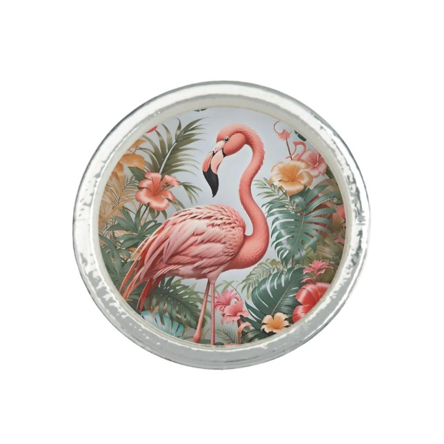 Elegant Pink Flamingo Bird and Tropical Flowers Ring (Front)