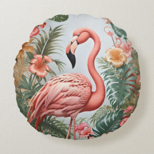 Elegant Pink Flamingo Bird and Tropical Flowers Round Pillow