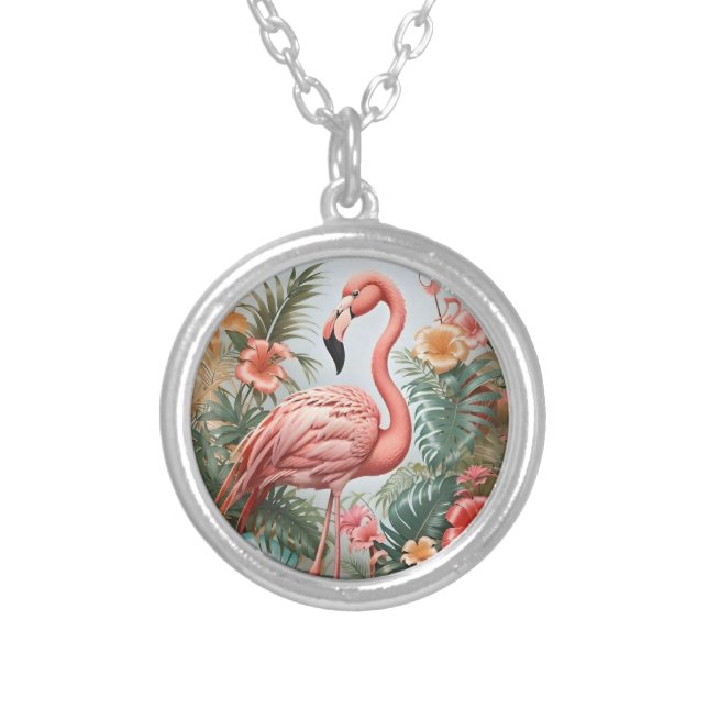 Elegant Pink Flamingo Bird and Tropical Flowers Silver Plated Necklace (Front)