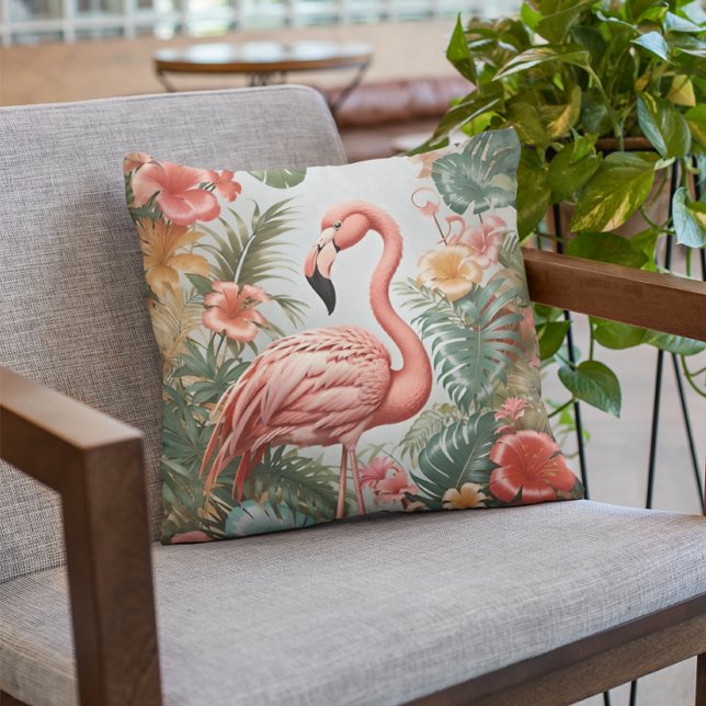 Elegant Pink Flamingo Bird and Tropical Flowers Throw Pillow (Creator Uploaded)