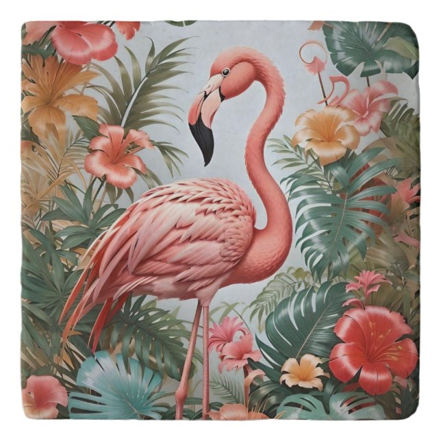 Elegant Pink Flamingo Bird and Tropical Flowers Trivet (Front)