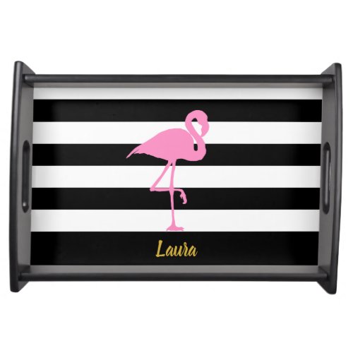 Elegant Pink Flamingo Black White Gold Name Script Serving Tray