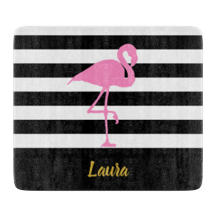 Elegant Pink Flamingo Black White Gold Script Name Cutting Board