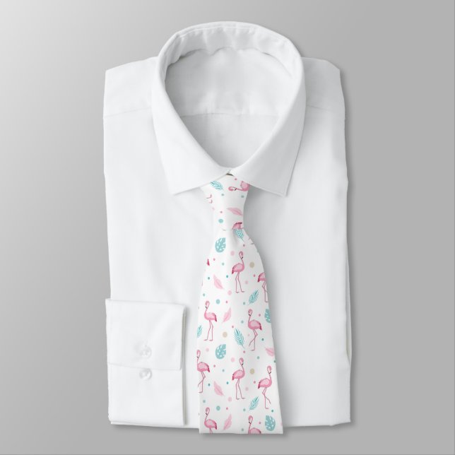 Elegant Pink Flamingo Exotic Pattern Neck Tie (Tied)