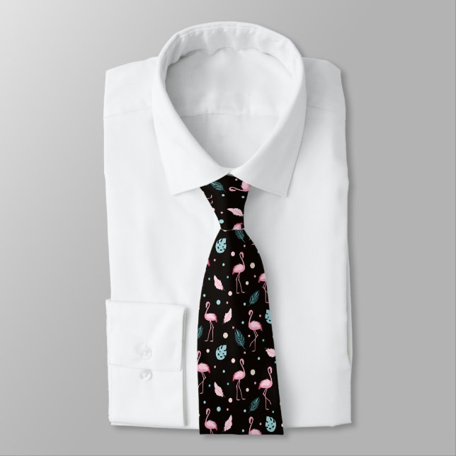    Elegant Pink Flamingo Exotic Pattern Neck Tie (Tied)