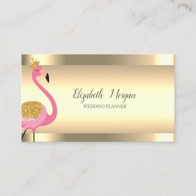 Elegant Pink Flamingo Gold Stripes Business Card (Front)