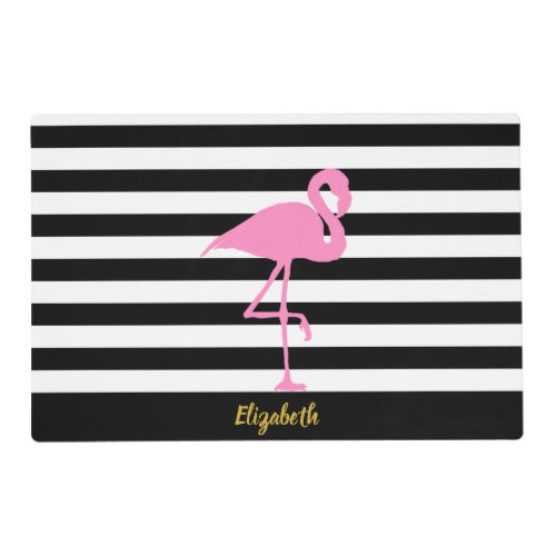 Elegant Pink Flamingo Name Black  White Stripes Placemat