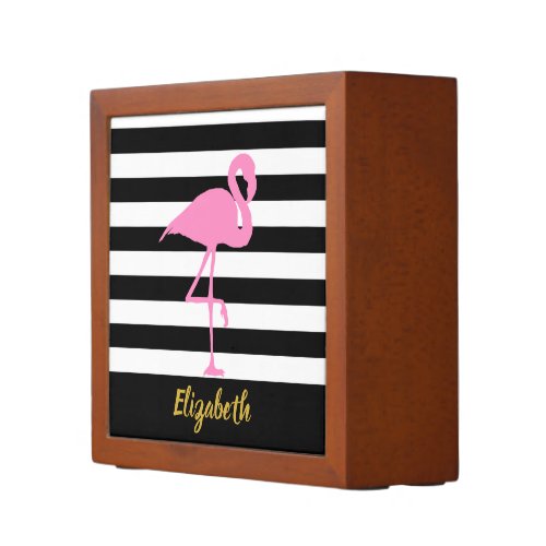 Elegant Pink Flamingo on Black and White Stripes Desk Organizer