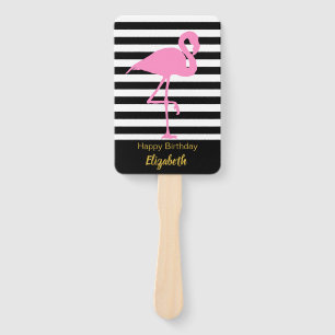 Elegant Pink Flamingo on Black and White Stripes Hand Fan