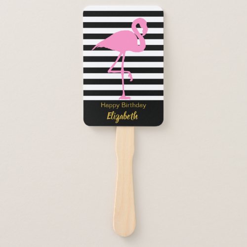 Elegant Pink Flamingo on Black and White Stripes Hand Fan