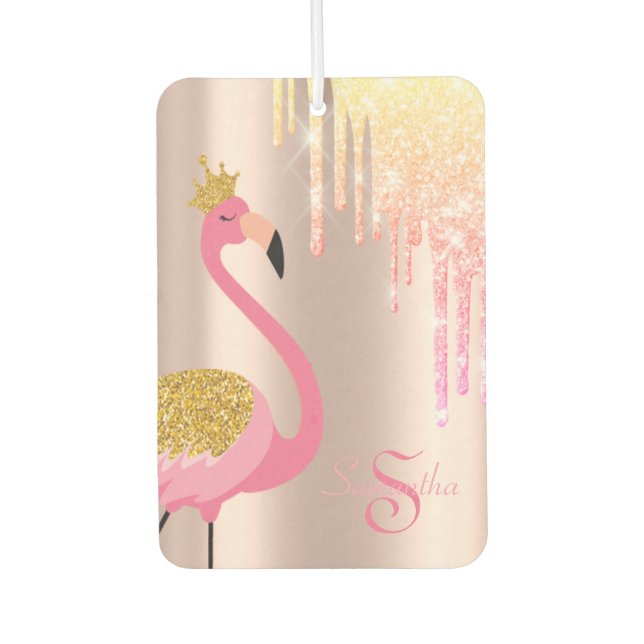 Elegant Pink Flamingo, Rose Gold, Glitter Drips Air Freshener (Front)