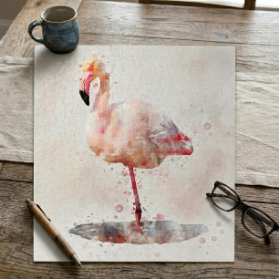 Elegant Pink Flamingo standing in Watercolor Jigsaw Puzzle