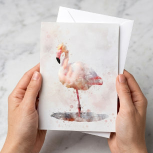 Elegant Pink Flamingo standing in Watercolor Note Card