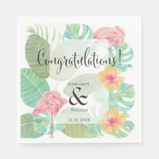 Elegant Pink Flamingo, Tropical leaves and flower Napkins