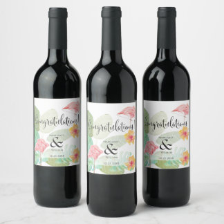 Elegant Pink Flamingo, Tropical leaves and flower Wine Label