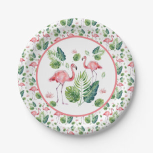 Elegant Pink Flamingo Tropical Leaves Pattern Paper Plates