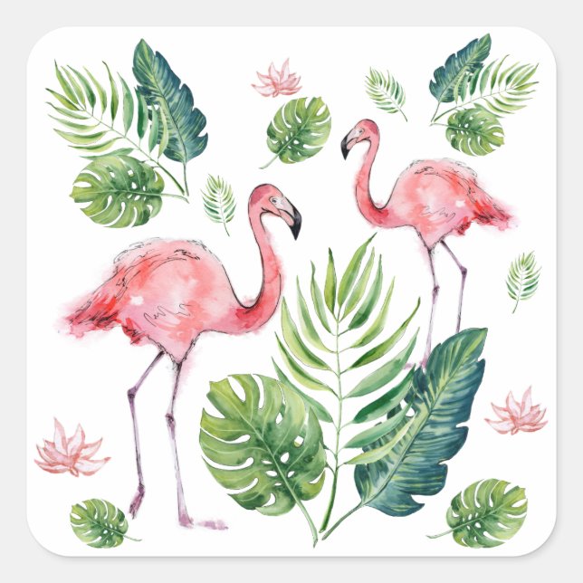      Elegant Pink Flamingo Tropical Leaves Pattern Square Sticker (Front)