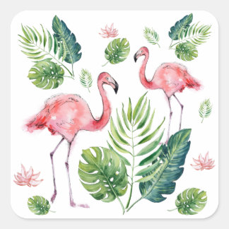      Elegant Pink Flamingo Tropical Leaves Pattern Square Sticker