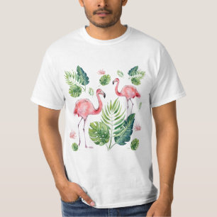 Elegant Pink Flamingo Tropical Leaves Pattern T-Shirt