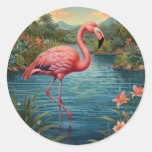 Elegant pink flamingo tropical paradise   classic round sticker
