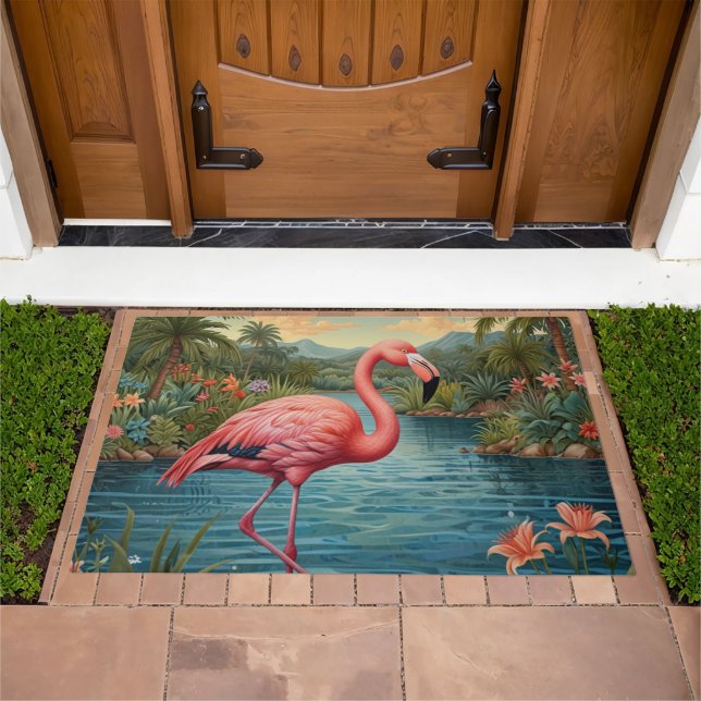 Elegant pink flamingo tropical paradise   doormat (Outdoor)