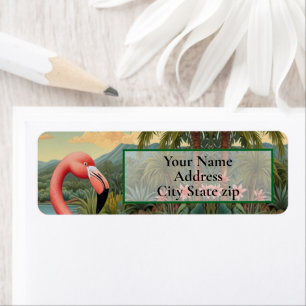 Elegant pink flamingo tropical paradise label